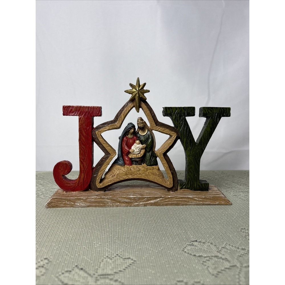 Resin Shiny "Joy" Nativity Mary, Jesus, Joseph Christmas Holiday Decor 5.5" Tall